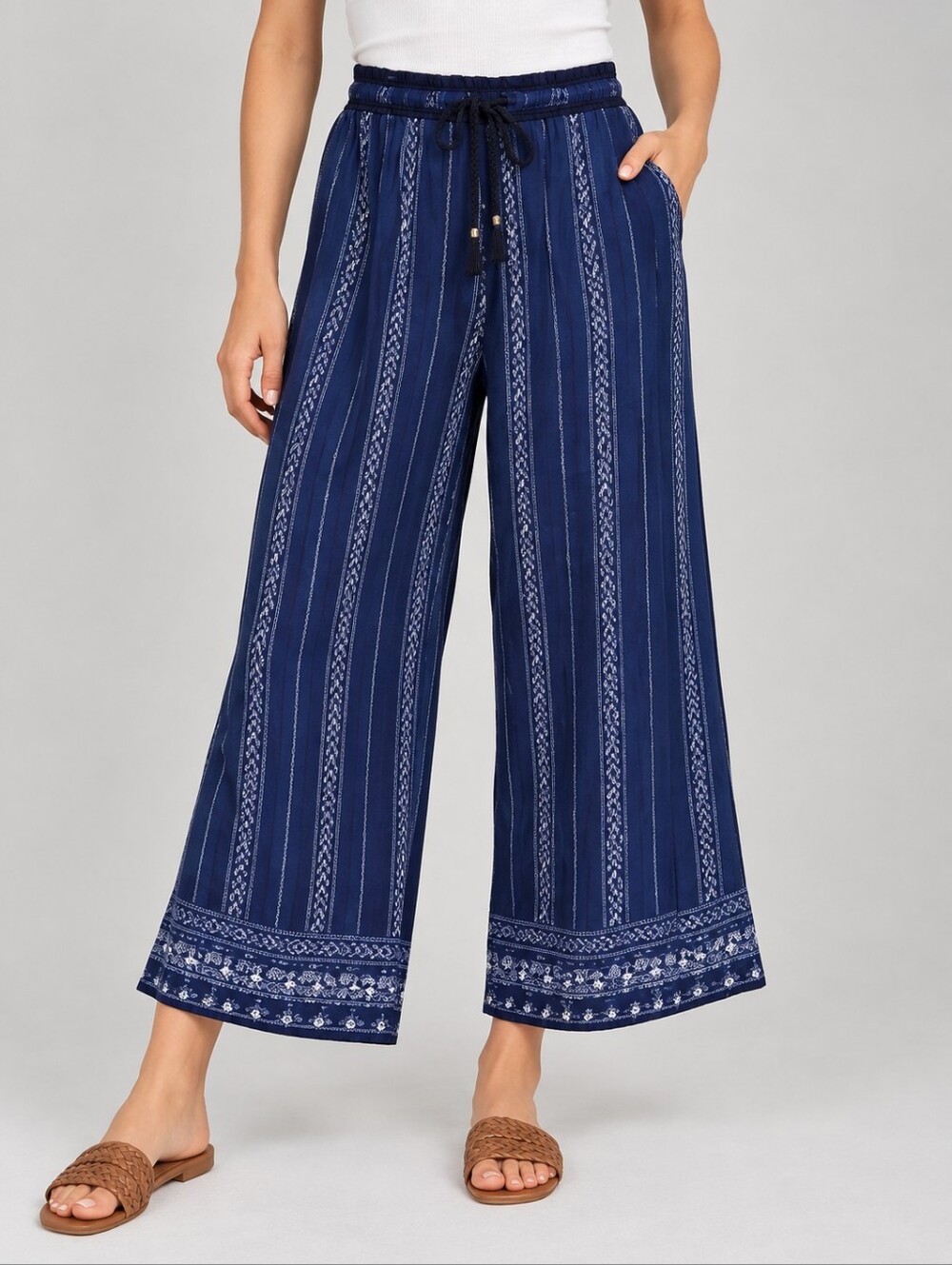 Blue Pattern Striped Wide Leg Waist Tie Lounge Pants